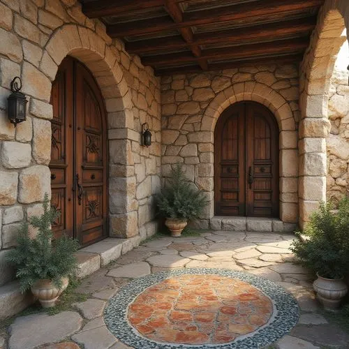 Weathered stone walls, rustic brick facades, rough-hewn wood accents, ornate metalwork, distressed concrete textures, vibrant mosaic patterns, glazed ceramic tiles, intricate stonework, rugged natural