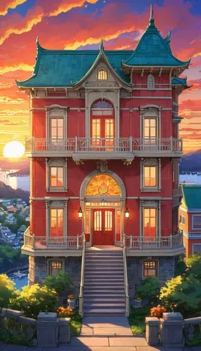 asian architecture,ghibli,kanto,imagawa,dreamhouse,studio ghibli,yamashiro,house silhouette,golden pavilion,miyazaki,yazaki,house by the water,beautiful buildings,house of the sea,apartment house,beautiful home,the golden pavilion,house painting,ikazuchi,victorian house,Illustration,Japanese style,Japanese Style 03