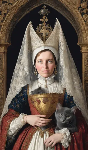 (portrait of a noble woman in 15th century medieval dress holding a one dark grey cat in her arms: 1,5), (on the woman's head there is a  Gothic 'Heart Shaped Hennin' with veil: 1,5), (a veil hangs fr