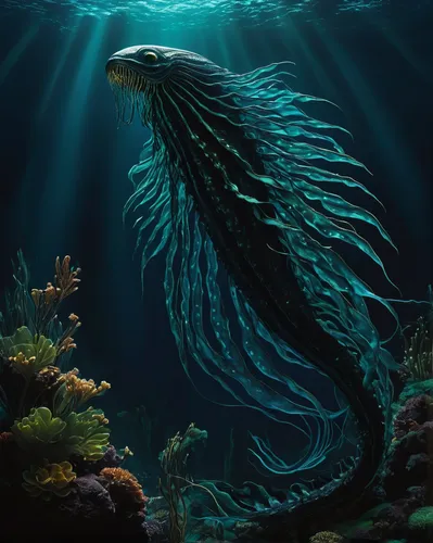 coelacanth,marine reptile,sea raven,deep sea fish,forest fish,god of the sea,sea animal,underwater fish,merfolk,deep sea nautilus,pterois,water creature,merman,mergus,giant fish,sea monsters,underwater background,betta,lissotriton,marine fish,Illustration,Retro,Retro 26