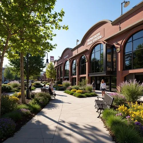 Vibrant train station, eclectic landscaping, mixed botanicals, lush greenery, colorful flowers, ornate metal benches, intricate stonework, vintage lamp posts, industrial-chic signage, distressed brick