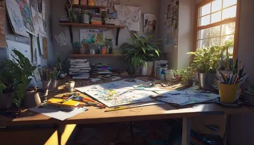 morning light,study room,workspace,working space,study,creative office,desk,classroom,work space,evening light,morning sun,office desk,clutter,the evening light,autumn light,illustrator,nest workshop,house plants,sunlight,flower painting,Conceptual Art,Sci-Fi,Sci-Fi 23