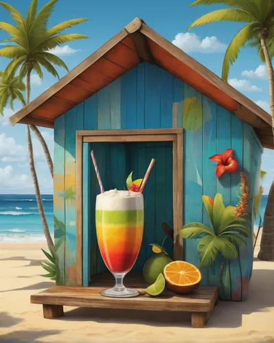 Construct a serene beach hut with a blender blending tropical drinks.,tropical drink,piña colada,coconut drinks,coconut drink,beach bar,tropical house,tropical beach,rum swizzle,beach hut,fruitcocktai