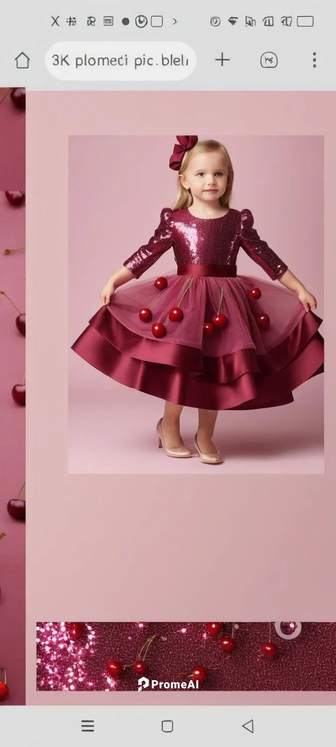 3d fashion drawing for satin dress for kids with sequin on first layer with three layers kalosh 
First layer is light pink with dark burgundy cherries with cherry belt
Second layer.is burgundy 
Third 