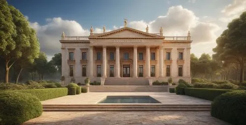 roman style building with having classical and modern touch surrounded with landscape and trees and cloudy sky,an ornate building with many columns and large windows,zappeion,greek temple,palladian,pa