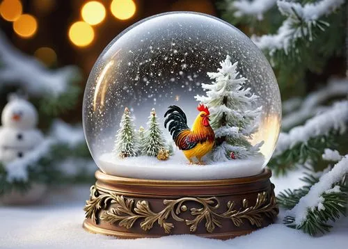 Rooster, snow globe, mini winter scene, frosty glass sphere, delicate snowflakes gently falling, festive holiday setting, detailed feathers, golden beak, bright curious eyes, fluffy plumage, white sno