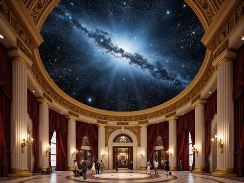 Celestial planetarium dome, classicism-inspired fa\u00e7ade, ornate gold accents, intricate stone carvings, grandiose entrance arches, majestic columns, symmetrical composition, subtle gradient lighti