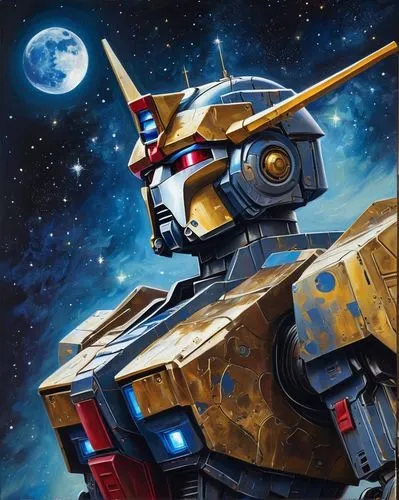 A mixed media Side profile painting of giant mech gundam, pop surrealism by Peter Blume, mixed media, dribbling paint effect background,  pop surrealism, mixed media, moon light, illustrator Guillem H