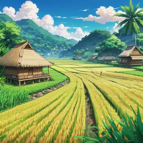 yamada's rice fields,ricefield,rice fields,rice field,the rice field,rice paddies,rice terrace,landscape background,wheat field,studio ghibli,farm background,paddy field,rural landscape,corn field,wheat fields,french digital background,idyllic,japan landscape,farm landscape,countryside,Illustration,Japanese style,Japanese Style 03