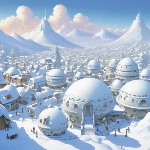 winter village,north pole,snowhotel,alpine village,aurora village,northrend,christmas snowy background,christmas town,snow scene,korean village snow,mountain settlement,snow landscape,igloo,snowy landscape,mountain village,winter background,escher village,christmas landscape,snow roof,nordic christmas,Illustration,Japanese style,Japanese Style 14