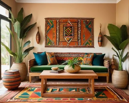 moroccan pattern,boho art style,kilim,boho art,interior decor,bohemian art,contemporary decor,philodendron,sitting room,living room,ethnic design,pandanus,decor,patterned wood decoration,cabana,modern decor,boho,house plants,interior decoration,tropical greens,Illustration,Paper based,Paper Based 01