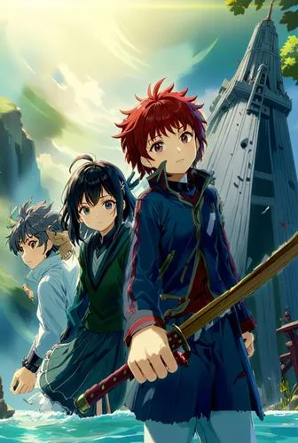 anime characters on the shore with a ship in the background,the three magi,shinran,dragon slayers,swordsmen,gainax,sea scouts,Anime,Anime,Traditional