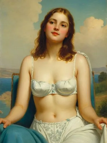 elegant girl in summer painted the way of French Painter jean-dominique Ingres,painting of a  female sitting in front of water,dossi,odalisque,botero,woman sitting,mademoiselle,woman with ice-cream,bo