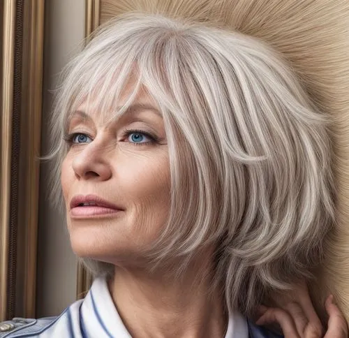 aging icon,silver fox,short blond hair,silvery,silvery blue,sigourney weave,tilda,blanche,cruella de ville,layered hair,grey fox,mags,asymmetric cut,gray color,portrait of christi,management of hair l