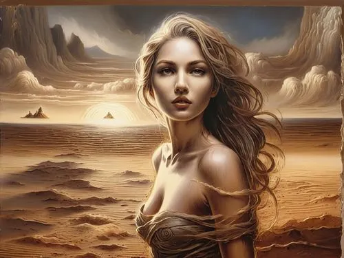 girl on the dune,fantasy art,inanna,sand rose,barsoom,ariadne,Illustration,Realistic Fantasy,Realistic Fantasy 25