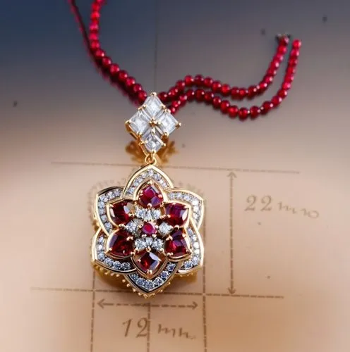 A pendant with ruby gems and round diamonds  , high quality, high resolution, ultra distills, 8k,an antique necklace with red beads and crystals,mouawad,diamond pendant,helzberg,agta,boucheron,jauffre