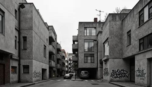 Gainsboro-inspired brutalist architecture, monochromatic color scheme, weathered concrete textures, rugged stone walls, industrial metal accents, minimalist ornamentation, functional simplicity, urban