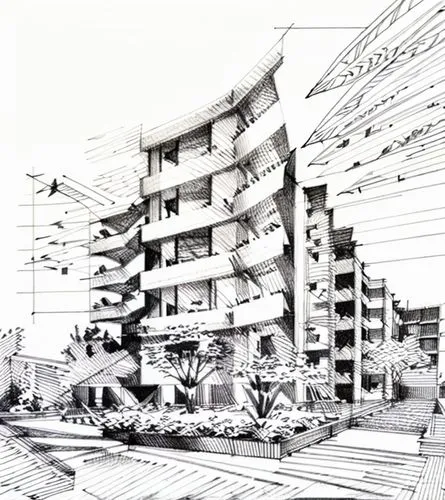 me in the style of albert Einstein,kirrarchitecture,hashima,japanese architecture,line drawing,apartments,apartment buildings,condominium,apartment blocks,apartment block,block of flats,habitat 67,bru