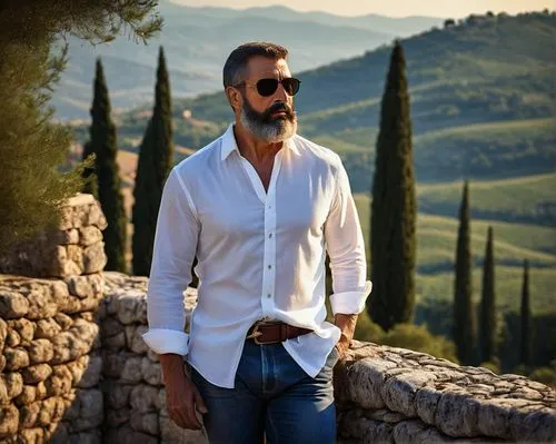 tuscan,italian style,male model,uomo vitruviano,verona,lake garda,men clothes,gordes,tuscany,campagna,men's wear,dress shirt,aviator sunglass,italian painter,italy,ray-ban,male person,barberini,nature and man,white shirt,Illustration,Paper based,Paper Based 18