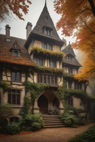 witch's house,fairy tale castle,house in the forest,sylvania,fairytale castle,dumanoir,tudor,forest house,briarcliff,knight house,half-timbered house,manor,maplecroft,mariemont,cecilienhof,maison,herrenhaus,henry g marquand house,ravenswood,fall landscape,Art,Artistic Painting,Artistic Painting 35