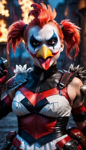 Chicken-HarleyQuinn, holding weapons, trademark posed, Pixar style, full body shot, chicken mouth ,harley,angry bird,angry,birds of prey,pubg mascot,stadium falcon,chicken bird,phoenix rooster,scare c