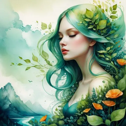 faery,naiad,dryad,fairie,faerie,mermaid background,amphitrite,seelie,dryads,melusine,persephone,diwata,spring leaf background,fantasy art,undine,flora,girl in flowers,flower fairy,ophelia,flower painting,Illustration,Realistic Fantasy,Realistic Fantasy 15