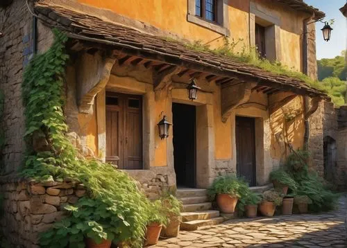 Rustic architectural design, rural countryside setting, Brough village, old stone buildings, wooden doors, traditional windows, clay roof tiles, overgrown with vines, moss-covered walls, worn-out pave