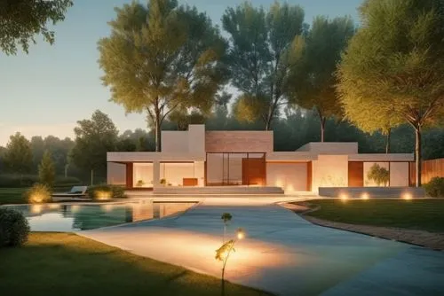 glass glass concrete garden trees spotlight landscape summer sunlight people night view grass no basement patio lake,a modern home at dusk in a backyard,masseria,3d rendering,mahdavi,modern house,holi