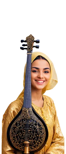 Arabic musician, Eid celebration, traditional clothing, intricate patterns, oud instrument, shiny surface, ornate decorations, joyful expression, festive atmosphere, warm lighting, close-up shot, 3/4 