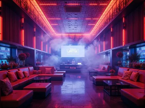 Vibrant nightclub interior, neon lights, strobe effects, glossy dance floor, reflective ceiling, metallic accents, LED light installations, fog machines, DJ booth, velvet curtains, luxurious sofas, VI