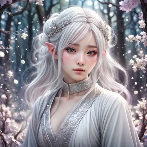 white rose snow queen,white blossom,fantasy portrait,the snow queen,cold cherry blossoms,pale,suit of the snow maiden,elven flower,elven,sakura blossom,fairy tale character,winter rose,fairy queen,fan