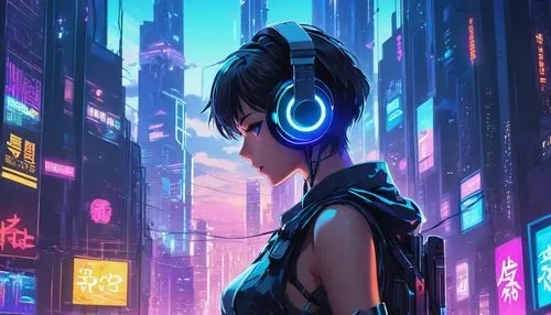 cyberpunk,echo,futuristic,music background,hatsune miku,listening to music,tracer,cyber,metropolis,musical background,dystopian,dystopia,headphone,transistor,indigo,blu,cityscape,world digital painting,music player,nico,Illustration,Japanese style,Japanese Style 03