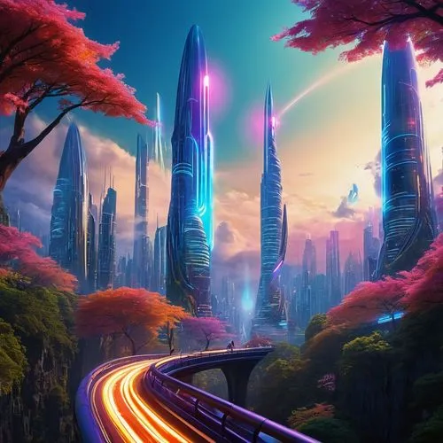 futuristic landscape,fantasy city,fantasy landscape,coruscant,alien world,homeworld,citadels,fantasy world,alien planet,3d fantasy,wildstar,coruscating,cartoon video game background,homeworlds,spires,colorful city,ecotopia,cybercity,city skyline,cybertown,Illustration,Realistic Fantasy,Realistic Fantasy 37