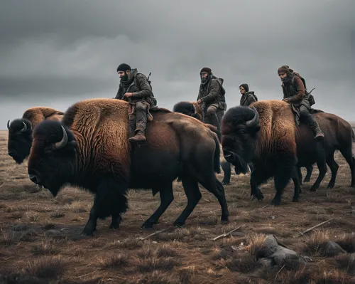 In a post-apocalyptic world, depict a group of survivors hunting wild bison for food.,buffalo herd,buffalo herder,iceland horse,icelandic horse,nomads,icelanders,bison,eastern iceland,buffalos,iceland