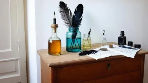 poetry; written papers; feathers and pens; bottle of ink; bright room; coloured papers; portrait on wall,a close up of bottles on a dresser near other items,bedside table,dressing table,chest of drawe