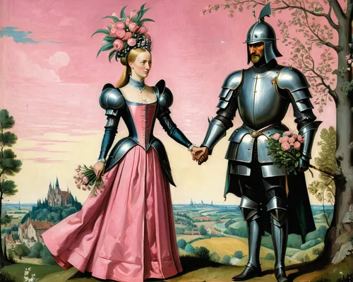 young couple,man and wife,courtship,tudor,as a couple,accolade,fleur-de-lys,floral greeting,wedding couple,man and woman,st martin's day,dispute,joan of arc,épée,lacerta,dancing couple,knight festival,carpaccio,medieval,romantic portrait,Art,Artistic Painting,Artistic Painting 03