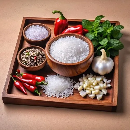 wooden tray with salt and pepper bowls, garlic cloves, bowl of diced onions and hot peppers, bowl of minced mint leaves, side full view,there is a plate with a serving board with food and herbs,thai i