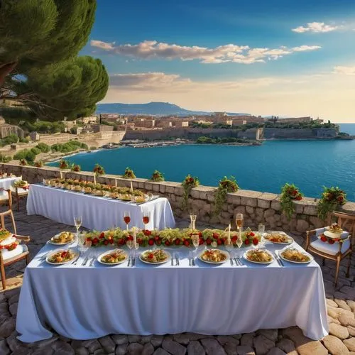 place setting,beach restaurant,table setting,thracian cliffs,mediterranean cuisine,table arrangement,Photography,General,Realistic