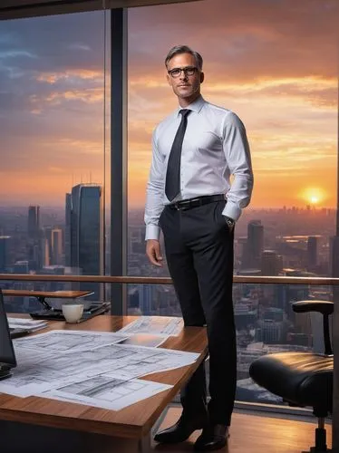 Modern architectural office, luxurious interior, mature male architect, 30s, bespectacled, short hair, white shirt, black tie, formal black pants, leather shoes, standing, holding blueprints, designin