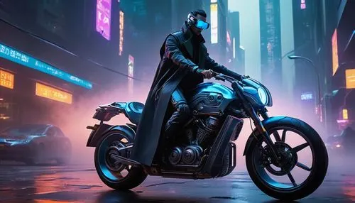 Cyberpunk, futuristic, neon-lit cityscape, towering skyscrapers, holographic advertisements, robotic pedestrians, a lone, mysterious figure (Seven), dressed in a long, black trench coat, sunglasses, s