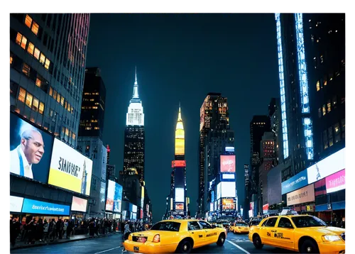 Nighttime New York City, skyscraper, bright neon lights, bustling streets, yellow taxi cabs, crowded sidewalks, Times Square billboards, Empire State Building, Chrysler Building, dark blue sky with st