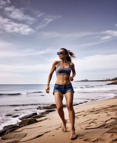 a beautiful young woman walking along the beach,surfwear,walk on the beach,beach background,female runner,currumbin,aboriginal australian