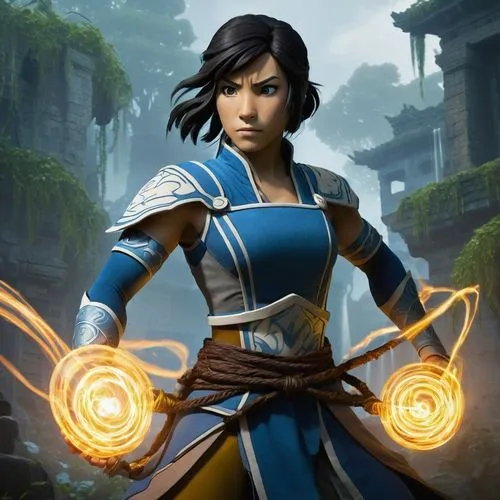 Avatar Korra, strong athletic build, determined facial expression, short spiky black hair, bright brown eyes, traditional Water Tribe clothing, blue and white armor, dual waterbending fans, standing h