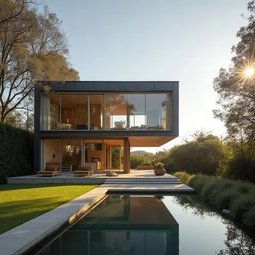 lark architects reflect house in new zealand,sunny day, in the style of light reflections, happy atmospheric perspective, photo taken with nikon d750, luxurious, symmetrical, poured,modern home with i