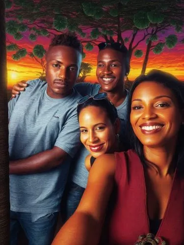 sunset at africa,three people smiling in front of a sunset,magnolia family,barberry family,the dawn family,livingstons,peeples,stepfamily,Illustration,Realistic Fantasy,Realistic Fantasy 25