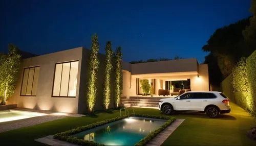 a house with lights on in the yard and a white car parked outside it,modern house,luxury home,luxury property,driveway,dreamhouse,private house,Photography,General,Realistic