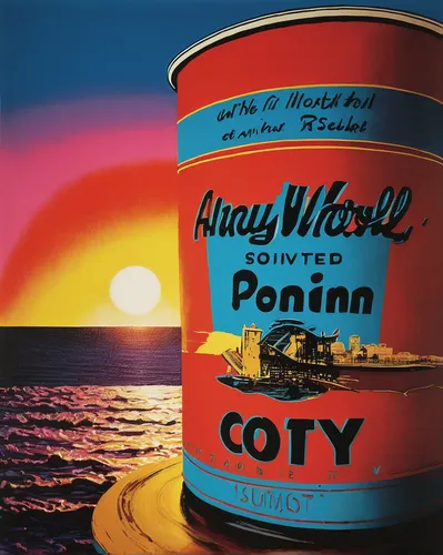 Describe the southernmost point of a bustling city at sunset.,round tin can,cd cover,pomade,port of call,tin can,film poster,port wine,oyster pail,round tin,andy warhol,crisp point,riley one-point-fiv