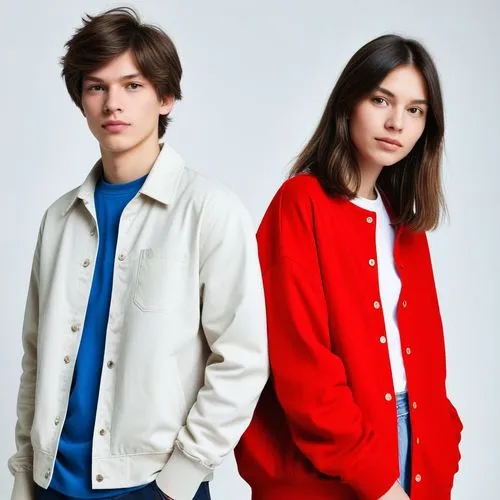 two people stand in a po with a white and red jacket,gap kids,gapkids,adolescentes,aquascutum,lacoste,stutterheim