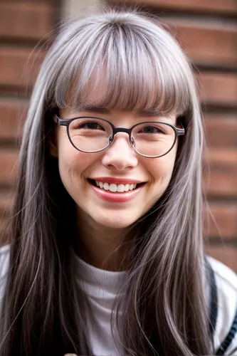 white hair and round glasses, contagious smile, open mouth,reading glasses,asian woman,with glasses,asian semi-longhair,silver framed glasses,cosmetic dentistry,japanese woman,asian,mari makinami,a gi