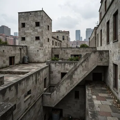 Rough-hewn concrete walls, rugged stone facades, weathered steel beams, exposed ductwork, industrial pipework, brutalist fortress-like structures, dramatic cantilevered sections, raw unfinished surfac